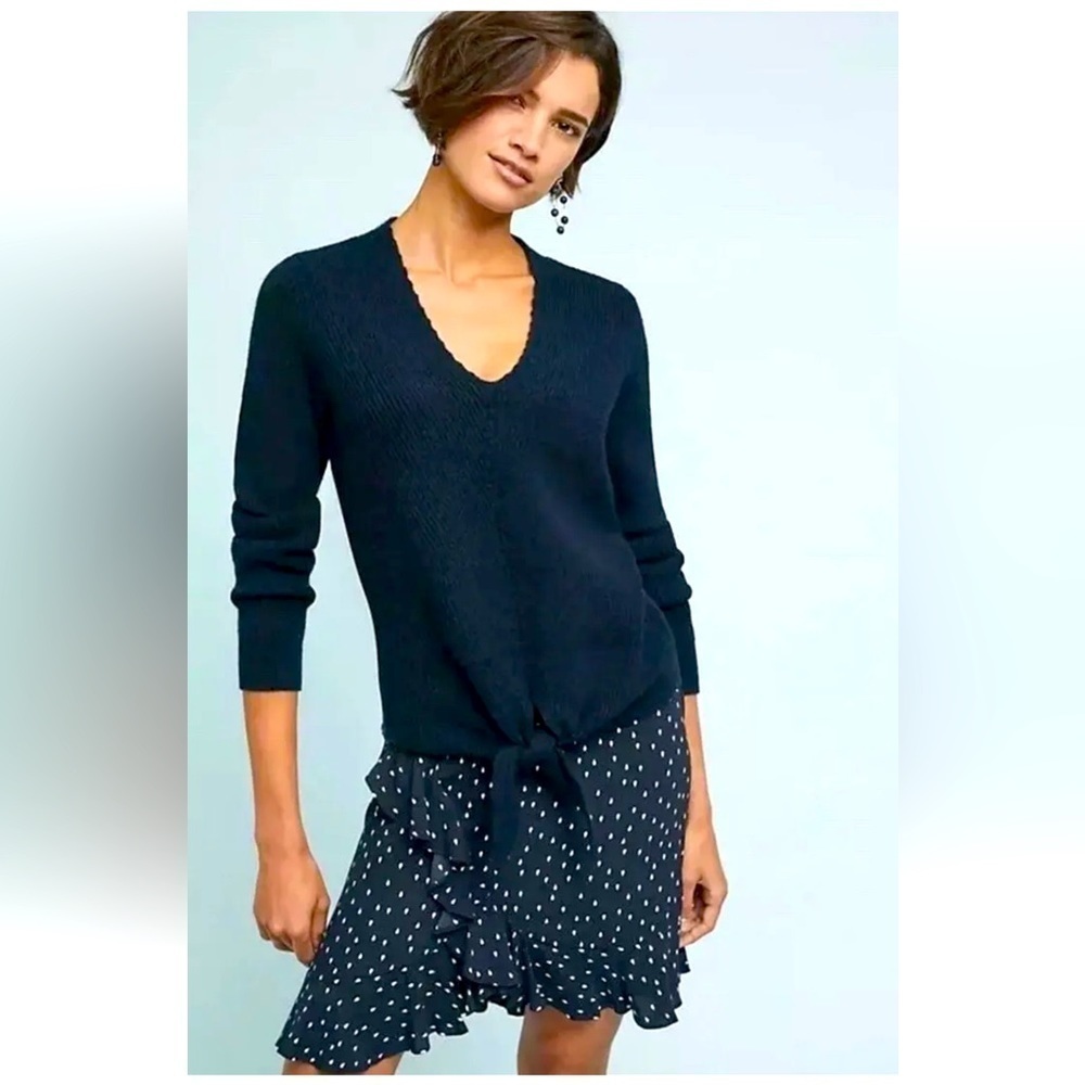 MOTH By Anthropologie Freeport Ribbed Sweater Size Small V-Neck Tie Blue Womens